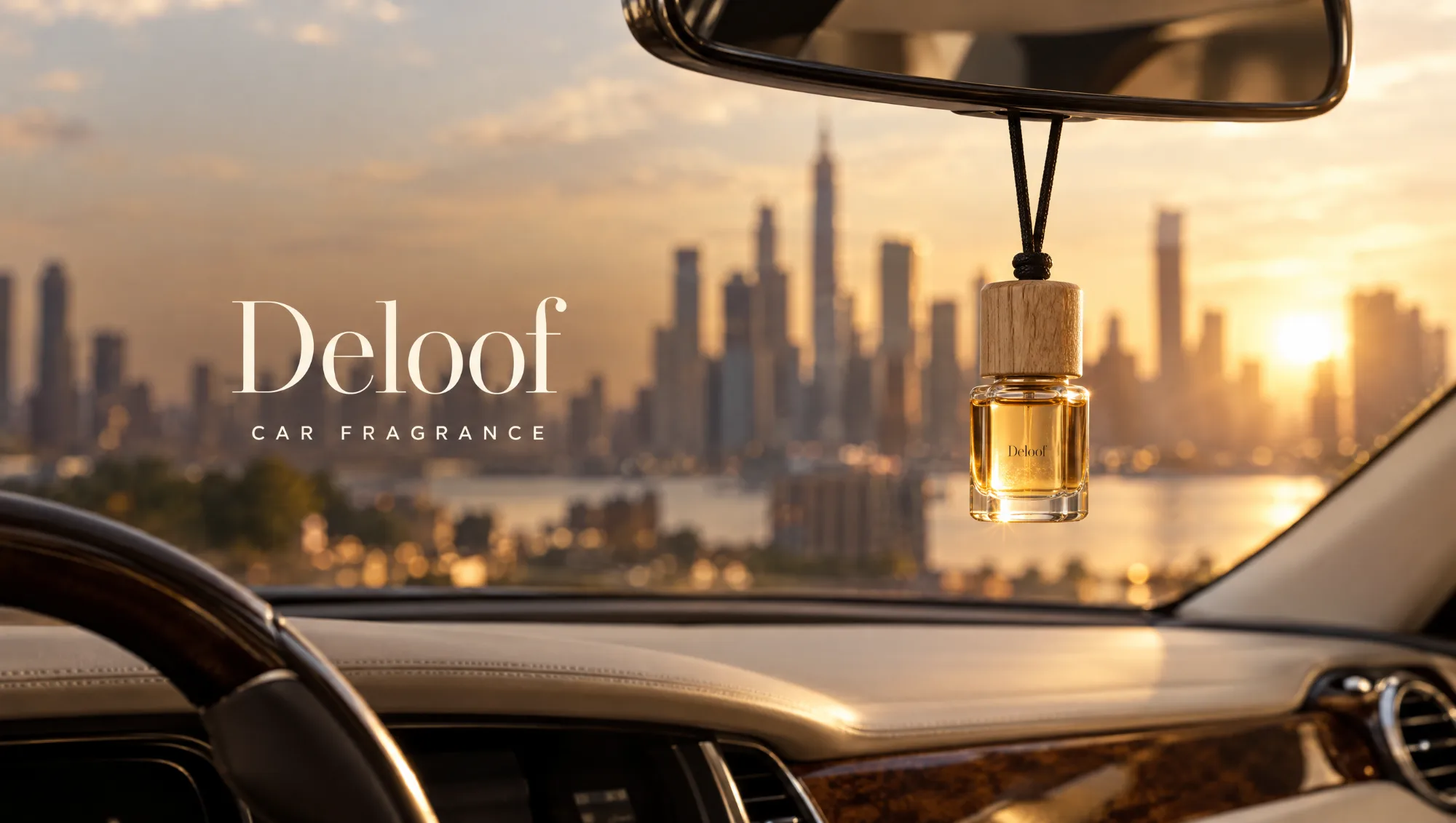 Deloof car fragrance hanging from a rear-view mirror